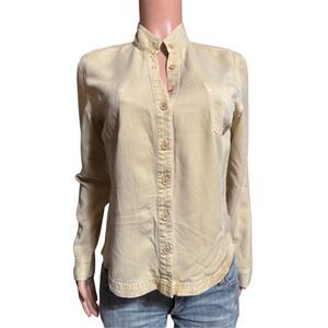 Pulp women's Mandarin collar tencel tan long sleeve button-up shirt M